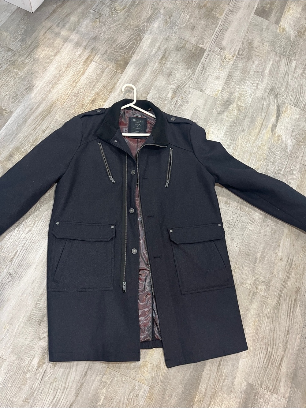 Guess coat Men's Black Pea Coat with Zip Chest Detail y2K XL